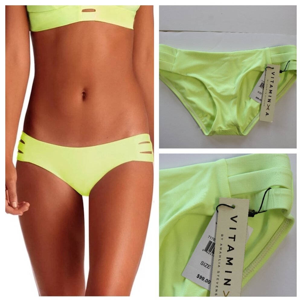 Vitamin A Emelia Cut Out Bikini Swim Bottom Lime Green Small Size 6 NWT